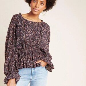 Anthropologie Nichola Peplum Blouse-Black Pink Dark Floral Whimsy Boho Fairy- XS